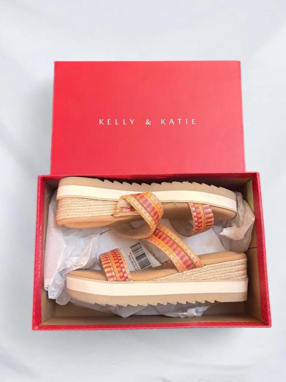 Kelly & Katie Tan Platform Sandals with Multicolor Woven Straps